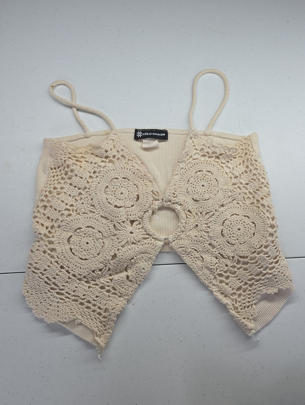 Boho Crochet Ring-Front Crop Cami in Cream C24